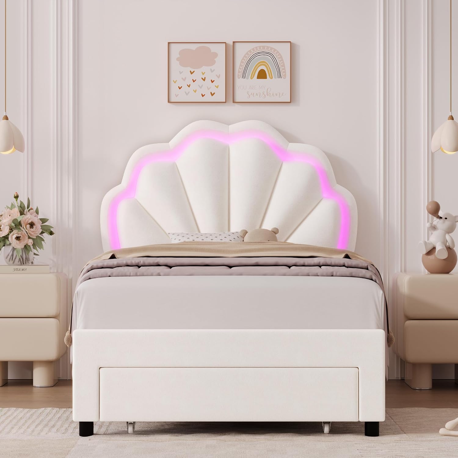 HIFIT Twin Upholstered Smart LED Bed Frame with Storage Drawer and Adjustable Chic Double Petal Headboard, Princess Platform Bed for Girls/Kids, Solid Wood Slat Support/No Box Spring Needed, Beige