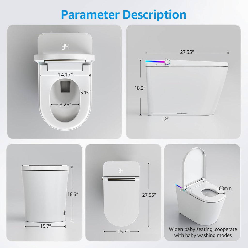 Smart Toilet with Bidet Built In, Heated Seat, Warm Water Wash & Dryer, Tankless Bidet Toilet with Foot Sensor & Night Light, Auto Open/Close Lid & Flush, Wireless Remote, 1.26GPF Water-Saving Design