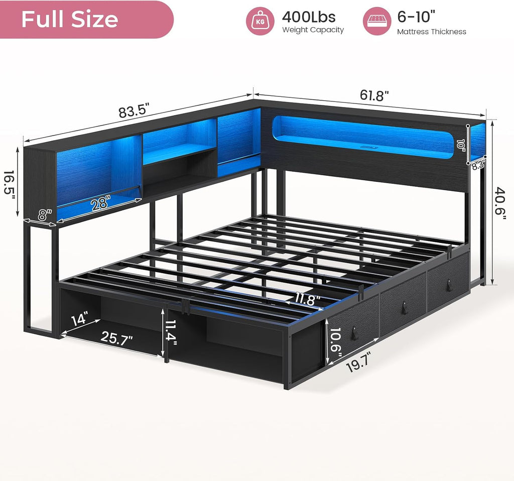 ADORNEVE Corner Bed Frame Full Size with Storage Bookcase & RGB Lights, Power Outlet, Metal Daybed with 3 Drawers & 2 Open Cubbies, for Teens, Small Space, Black