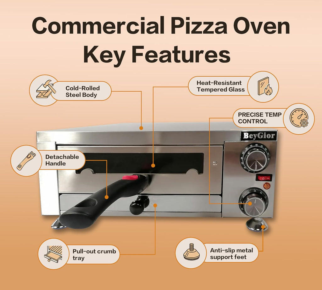 Electric Pizza Oven Indoor,12 inch Countertop Pizza Maker with Viewing Window,Stainless Steel Commercial Pizza Oven, Removable Handle,Dual Baking Trays and Oven Mitts