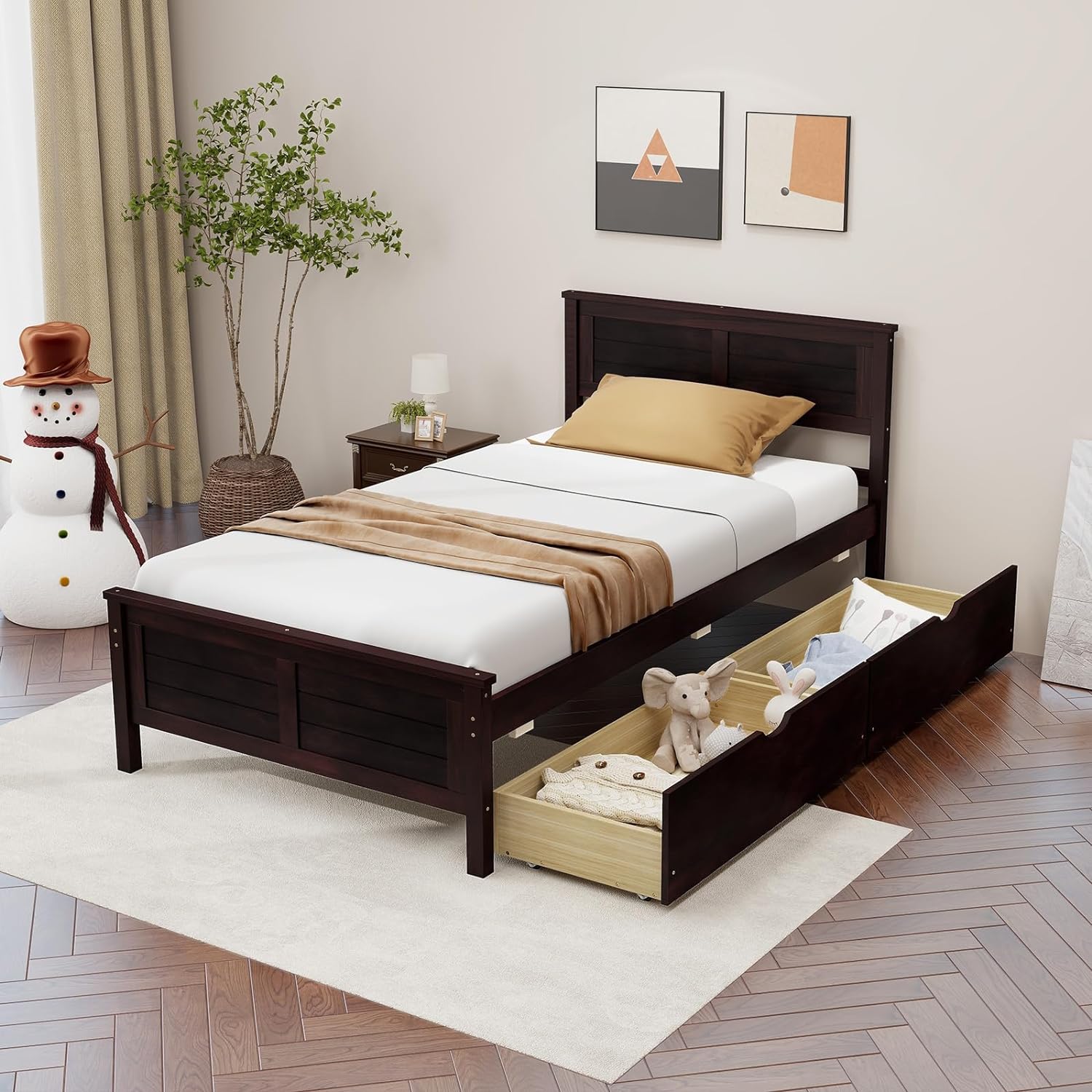 Giantex Wood Twin Bed with 2 Storage Drawers, Solid Wood Platform Bed with Headboard, Wooden Slats Support Mattress Foundation, No Spring Needed, Twin Bed Frame for Kids, Teens, Adults, Espresso