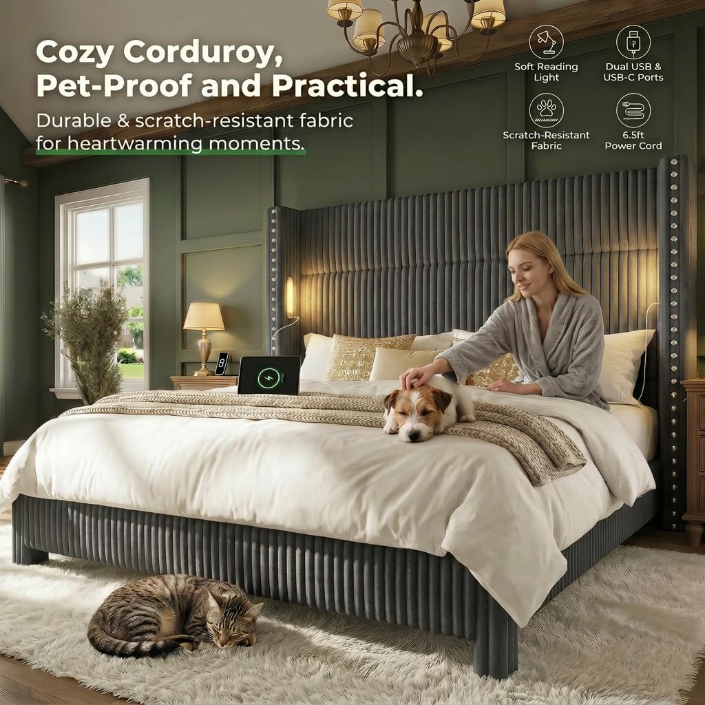 King Bed Frame with 56.7' Tall Wingback Headboard & Reading Lights, Corduroy Upholstered Platform Bed and Charging Station, Modern Luxury Design, Noise Free, No Box Spring Needed, Grey