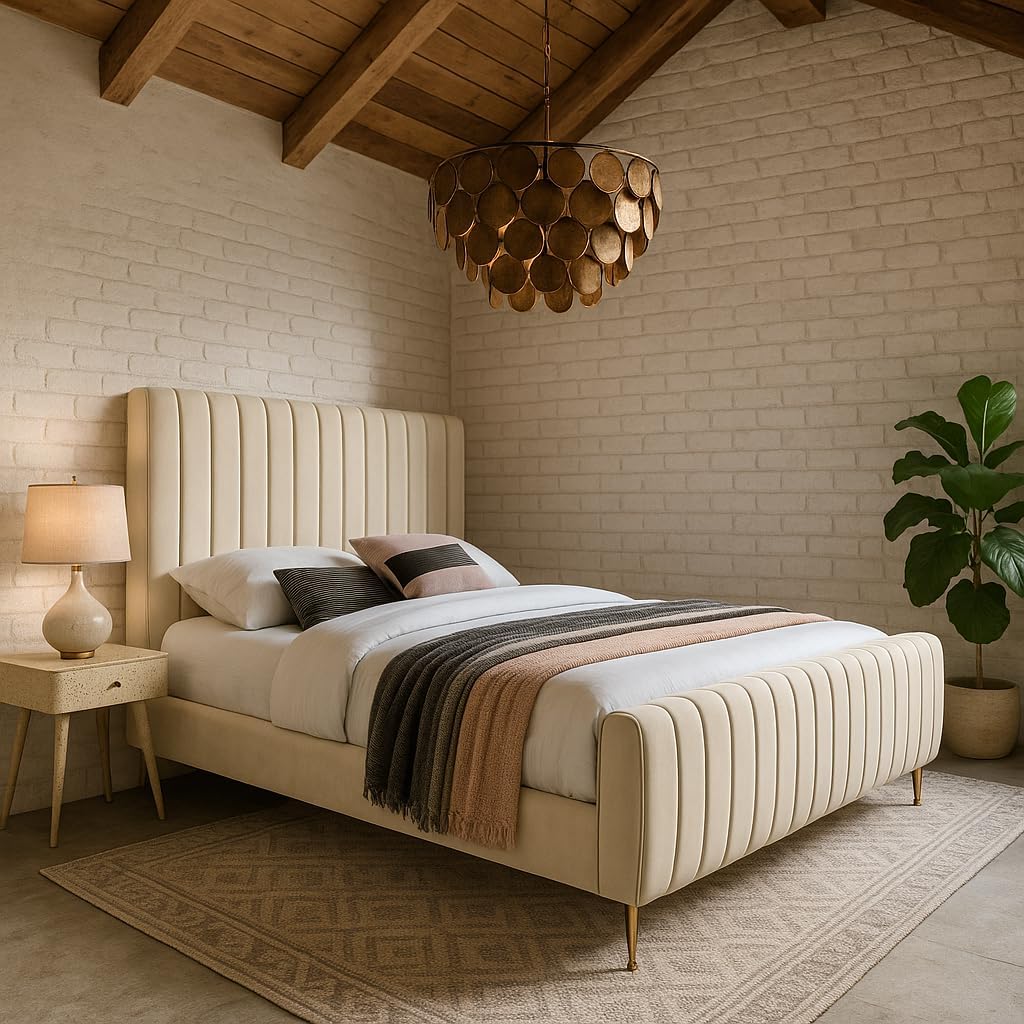 Meridian Furniture Zara Collection Modern | Contemporary Velvet Upholstered Bed with Deep Channel Tufting and Custom Gold Legs, King, Cream