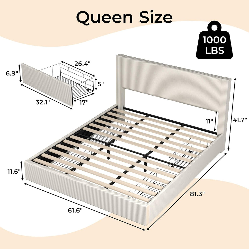 IDEALHOUSE Queen Bed Frame with Tufted Wingback Headboard, Platform Corduroy Upholstered Bed Frame with 4 Storage Drawers and Wooden Slats Support, No Box Spring Needed, Beige