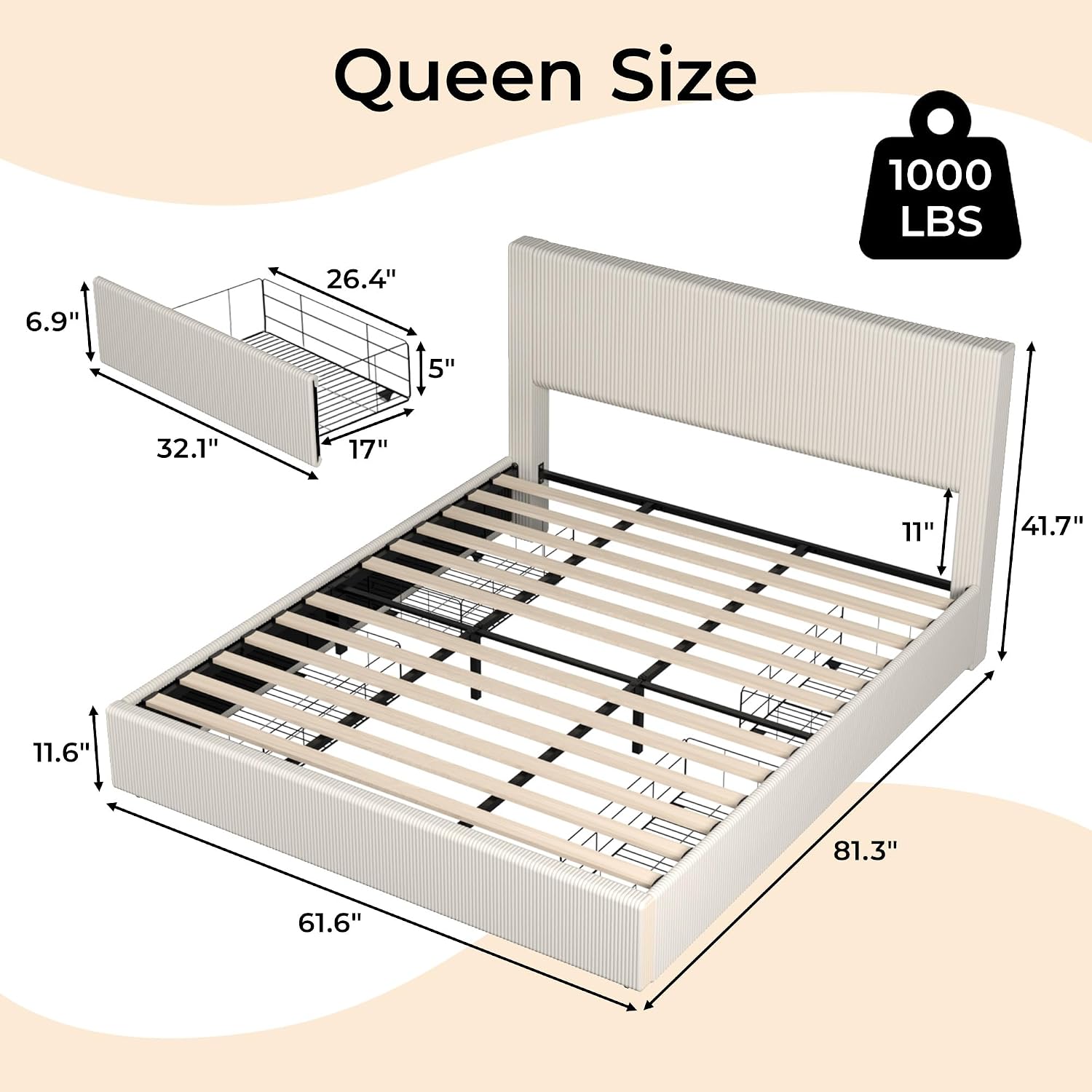 IDEALHOUSE Queen Bed Frame with Tufted Wingback Headboard, Platform Corduroy Upholstered Bed Frame with 4 Storage Drawers and Wooden Slats Support, No Box Spring Needed, Beige