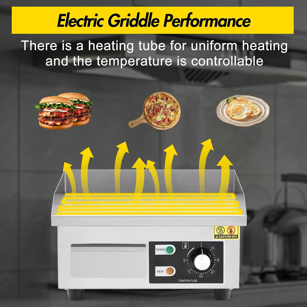 14' Stainless Steel Electric Griddle, 1500W Countertop Griddle with Non-Stick Adjustable Temperature Control 122°F-572°F, Electric Grill Perfect for Indoor Cooking, Camping