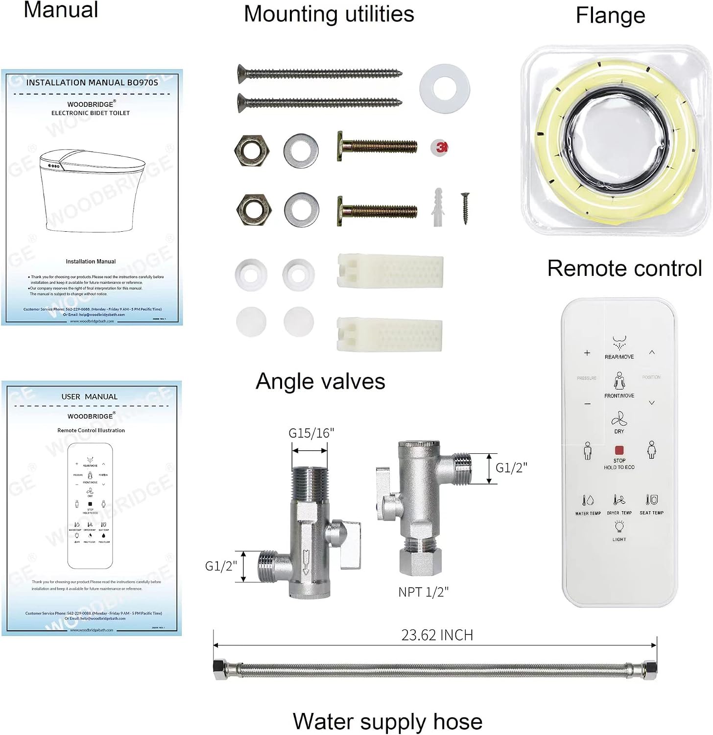 WOODBRIDGE B0970S One Piece Elongated Smart Tankless Bidet Toilet, ADA Height, Auto Flush, Foot Sensor Operation, Heated Seat with Integrated Multi Function Remote Control in White