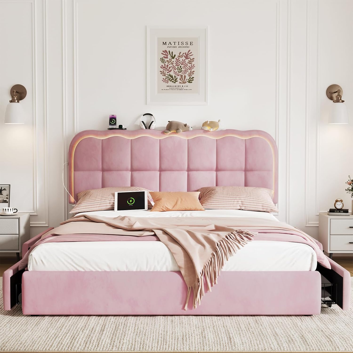 CypBed Queen Size Bed Frame with 4 Storage Drawers & LED Lights, Velvet Upholstered Platform Bed Frame with Charing Station and Adjustable Headboard, Wood Slats Support, No Box Spring Needed, Pink