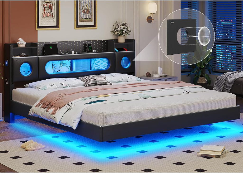 Floating Bed Frame,King Size Bed Frame with Storage Headboard & LED Light,Floating bed Frame King with Charging Station,King Bed with Bookcase Headboard,No Box Spring Needed,Noise-Free PU Black
