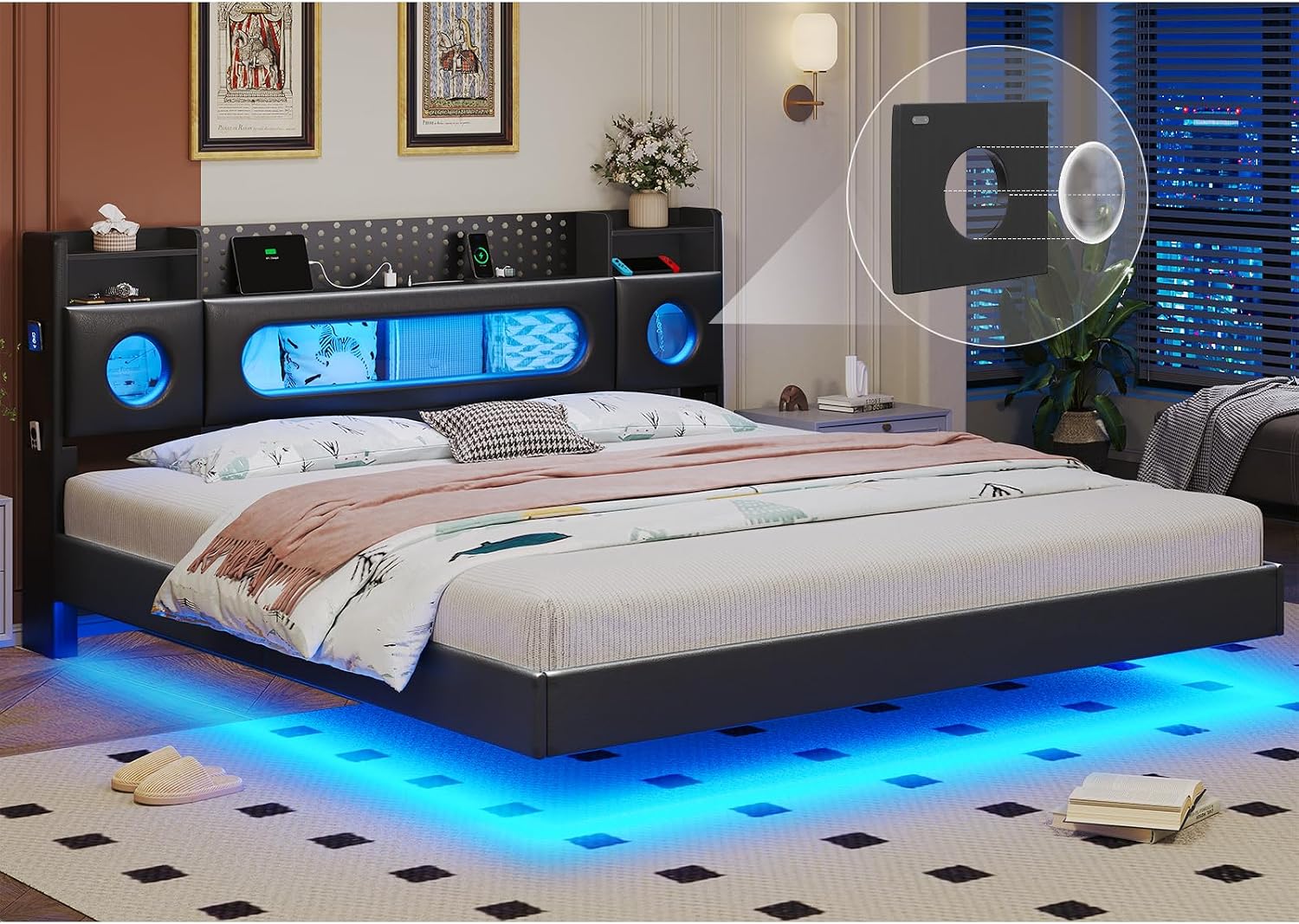 Floating Bed Frame,King Size Bed Frame with Storage Headboard & LED Light,Floating bed Frame King with Charging Station,King Bed with Bookcase Headboard,No Box Spring Needed,Noise-Free PU Black