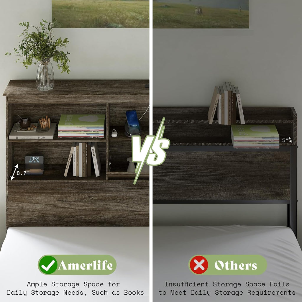 AMERLIFE King Size Bed Frame Wooden Platform Bed with 51.2' Storage LED Bookcase Headboard, 4 Storage Drawers & Charging Station/No Box Spring Needed/Noise Free/Rustic Grey
