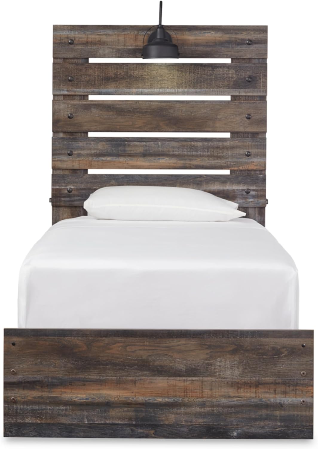 Signature Design by Ashley Drystan Rustic Twin Panel Bed with Sconce LED Lights, USB Ports and Nailheads, Foundation or Box Spring Needed, Dark Brown & Gray