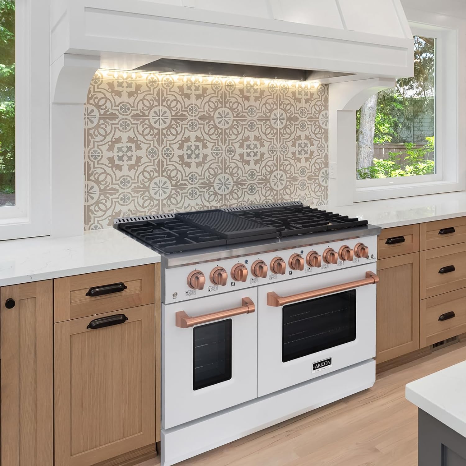 Akicon 48 Inch Freestanding Gas Range - 6.7 cu. ft. Double Rapid Convection Oven - Gas Stove with 8 Sealed Burners & a Griddle, Heavy Duty Cast Iron Grates (White & Copper)