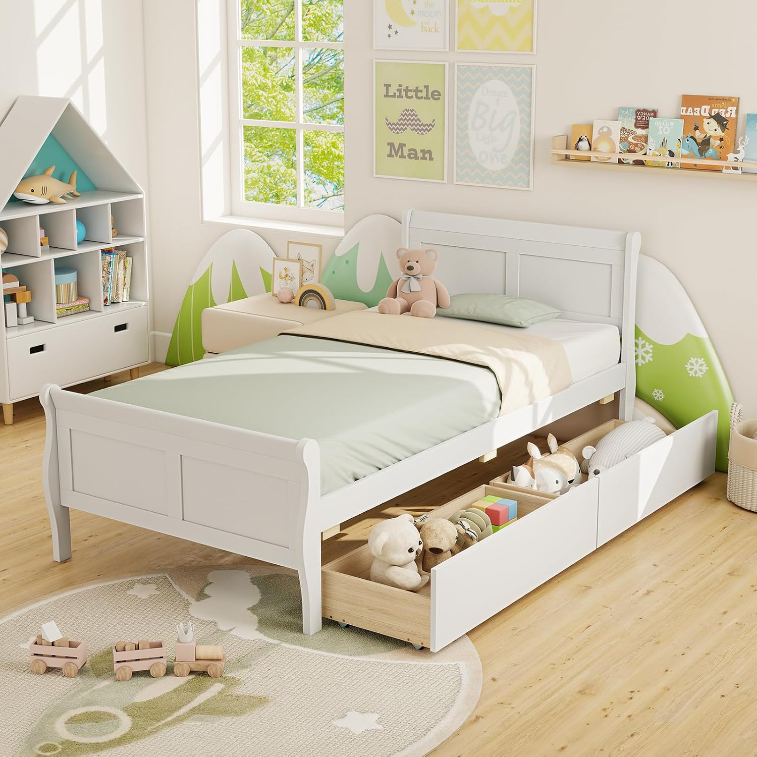 KOMFOTT 2 Twin Bed with 2 Drawers, Twin Storage Bed with Headboard for Bedroom, Sleigh Wood Bed Frame with Wooden Slats Support for Kids, Teens, Adults, No Box Spring Needed (White)