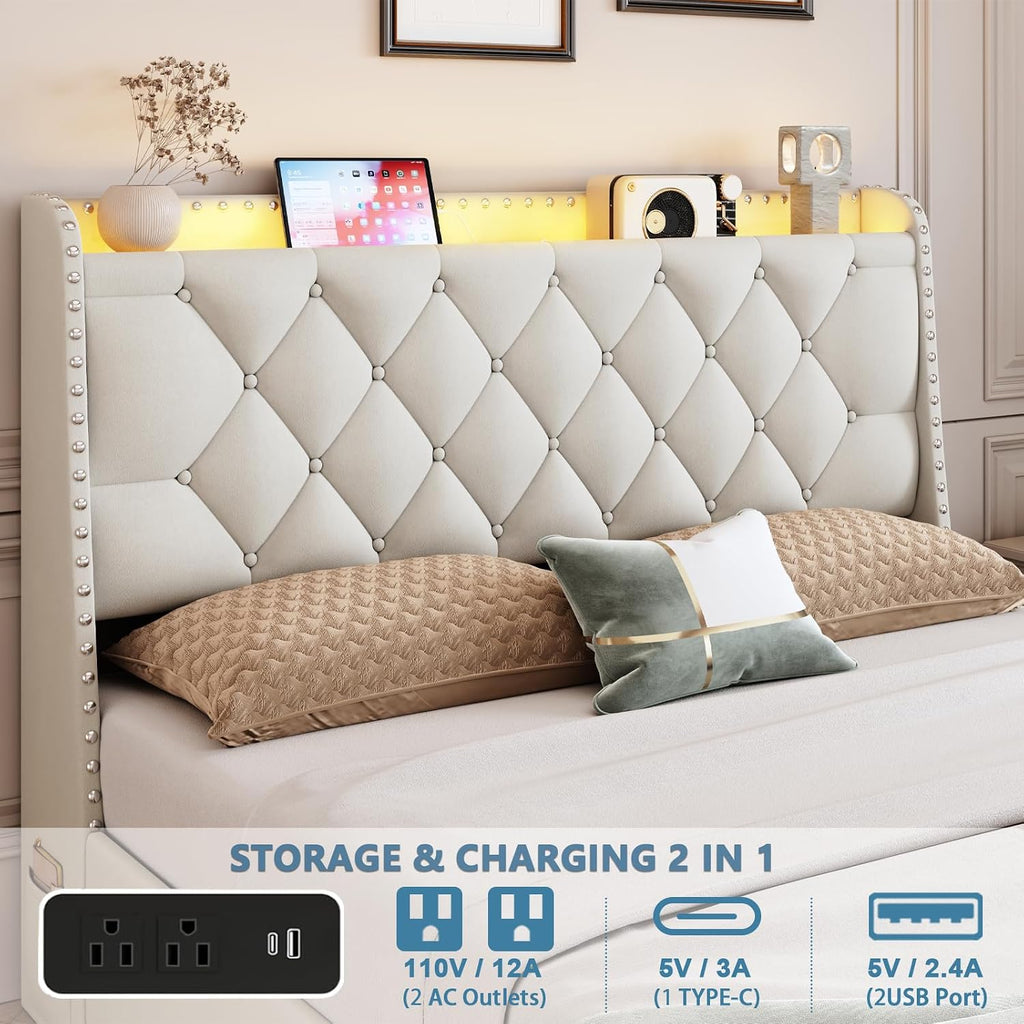 TIGUBFRE Full Size Bed Frame with 4 Drawers and Storage Headboard, Upholstered Tufted Wingback Bed Frame with LED Lights and Charging Station, No Box Spring Needed, Easy Assembly, Noise Free, Beige