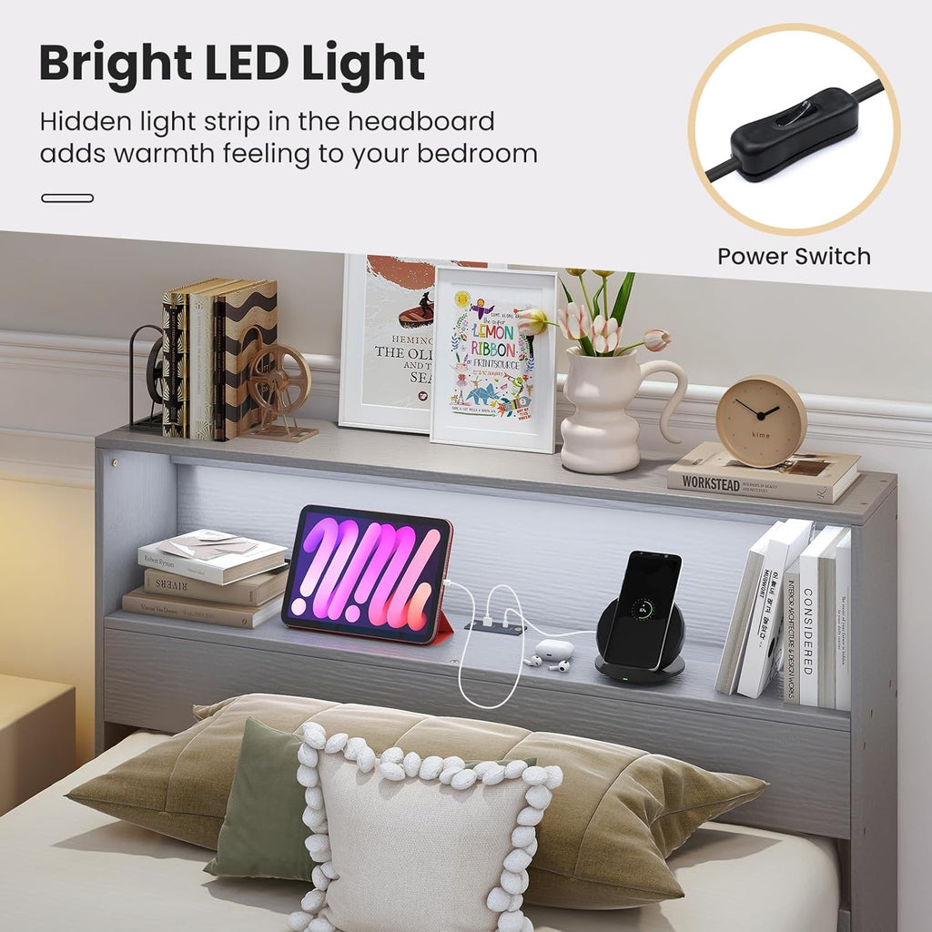 Giantex Twin Bed Frames with Storage Headboard, Wood Platform Bed with Charging Station & LED Light, Single Bed with Slats Support, Under-Bed Space, Twin Bed Frames for Kids Girls Boys (Grey)