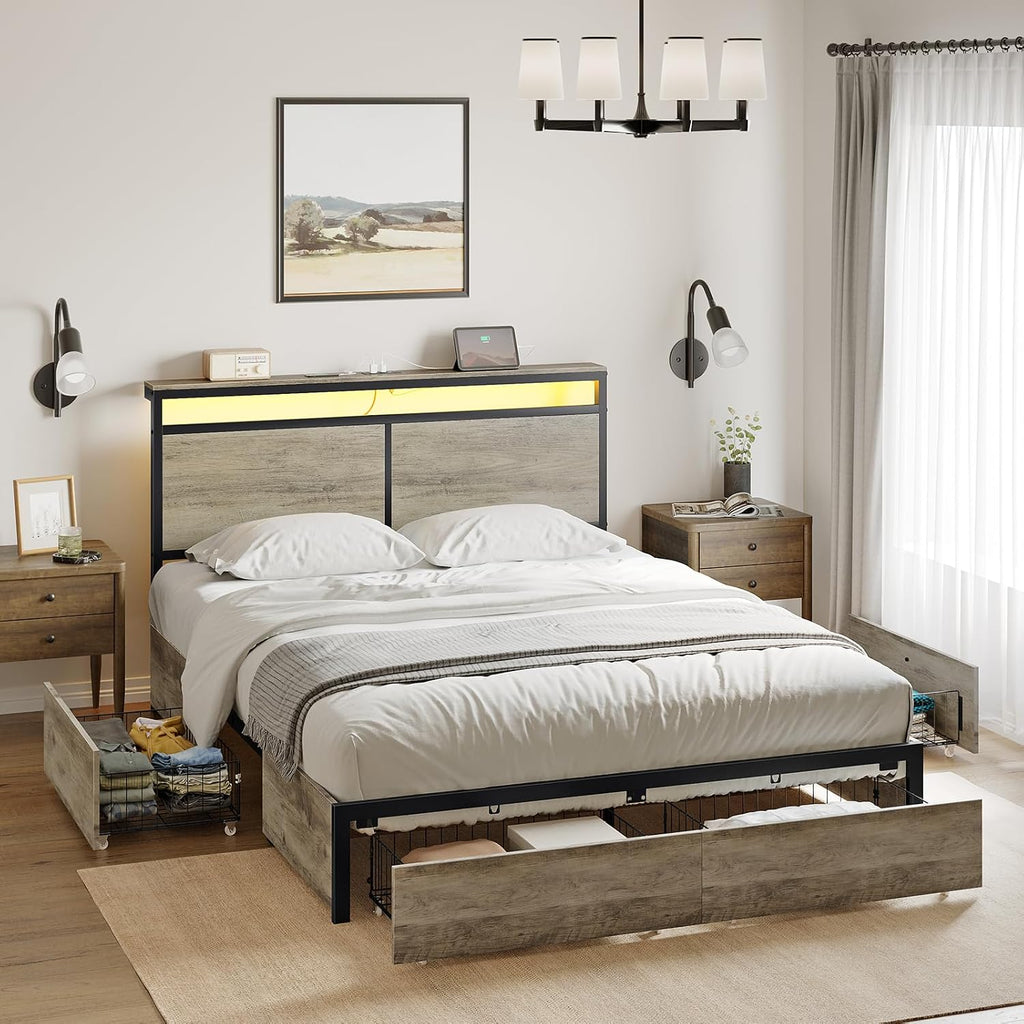 HAUSOURCE Full Bed Frame with 4 Storage Drawers Metal Platform Bed Frame Full Size with Headboard Charging Station LED Lights Non-Slip Without Noise No Box Spring Needed