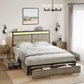 HAUSOURCE Full Bed Frame with 4 Storage Drawers Metal Platform Bed Frame Full Size with Headboard Charging Station LED Lights Non-Slip Without Noise No Box Spring Needed