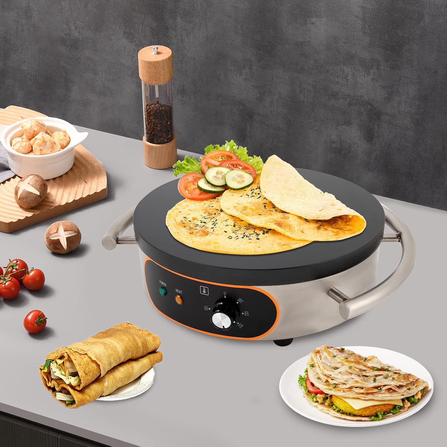 16 In Crepe Maker, Commercial Electric Nonstick Pancake Maker Machine with Nonstick Round Crepe Hotplate Griddle Machine For Tortilla Eggs BBQ, 1500W