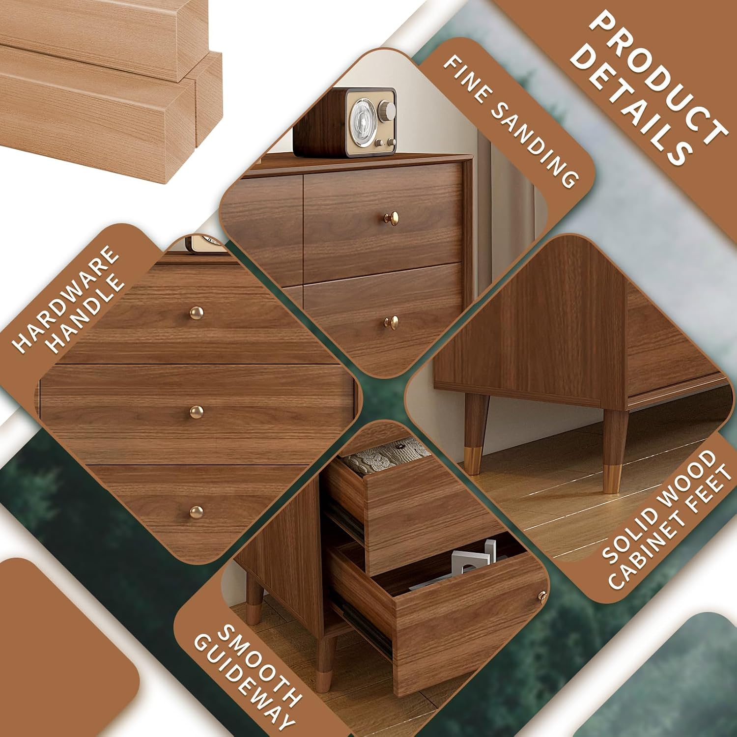 Messenya 6 Drawer Dresser for Bedroom, 47 Inch Walnut Dresser for Closet, Mid Century Wood Chest of Drawers with Natural Texture & Pre-Embedded Slots for TV Stand, Living Room, Hallway, Office
