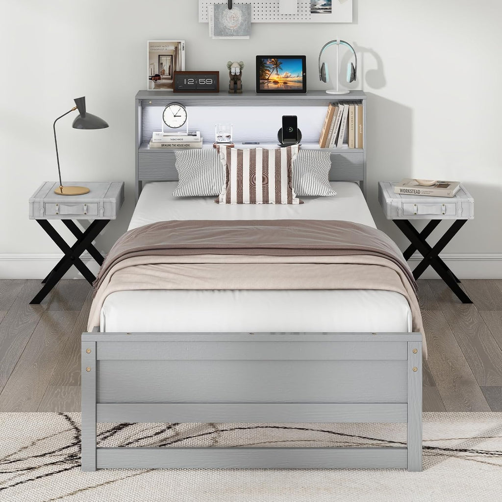 Giantex Twin Bed Frames with Storage Headboard, Wood Platform Bed with Charging Station & LED Light, Single Bed with Slats Support, Under-Bed Space, Twin Bed Frames for Kids Girls Boys (Grey)