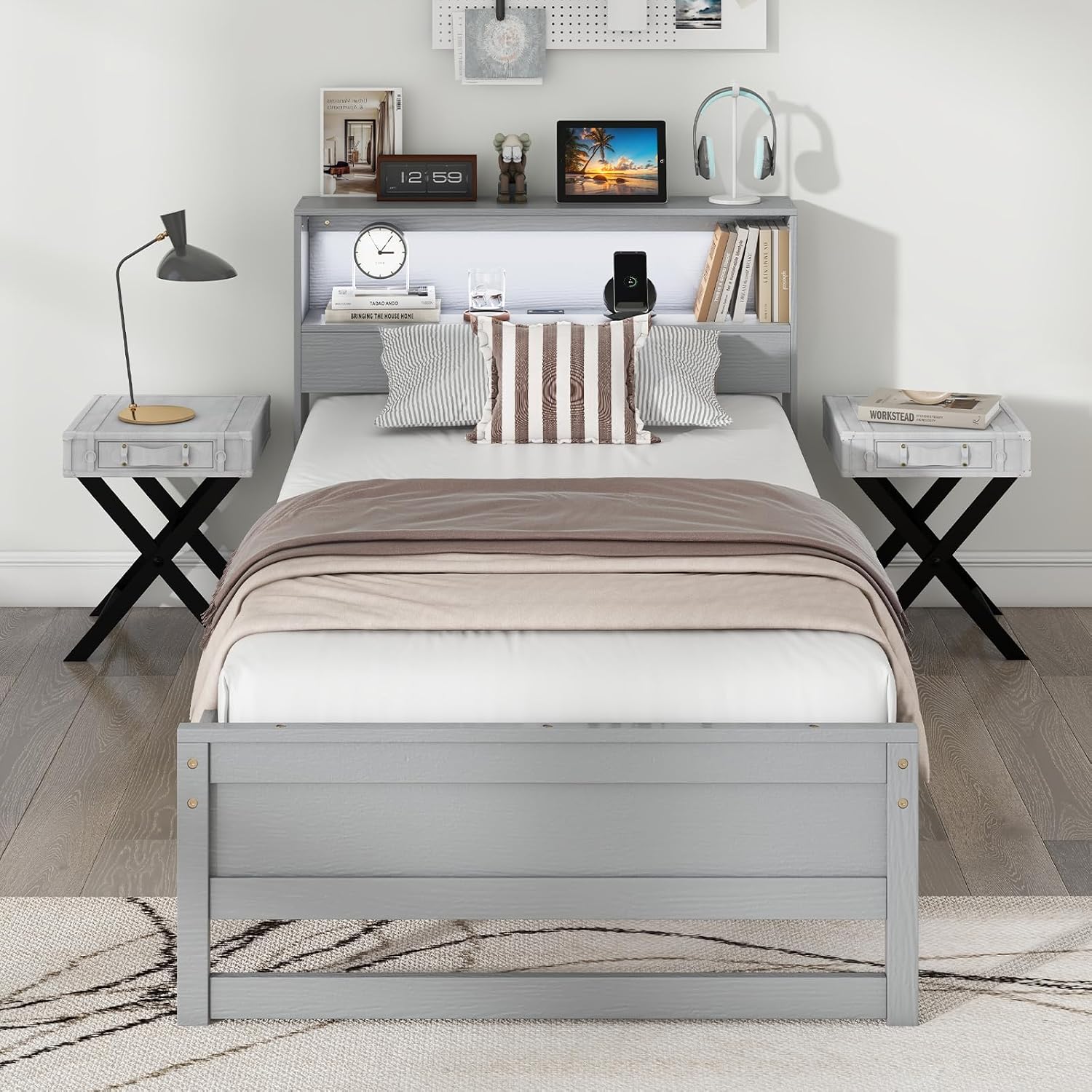 Giantex Twin Bed Frames with Storage Headboard, Wood Platform Bed with Charging Station & LED Light, Single Bed with Slats Support, Under-Bed Space, Twin Bed Frames for Kids Girls Boys (Grey)