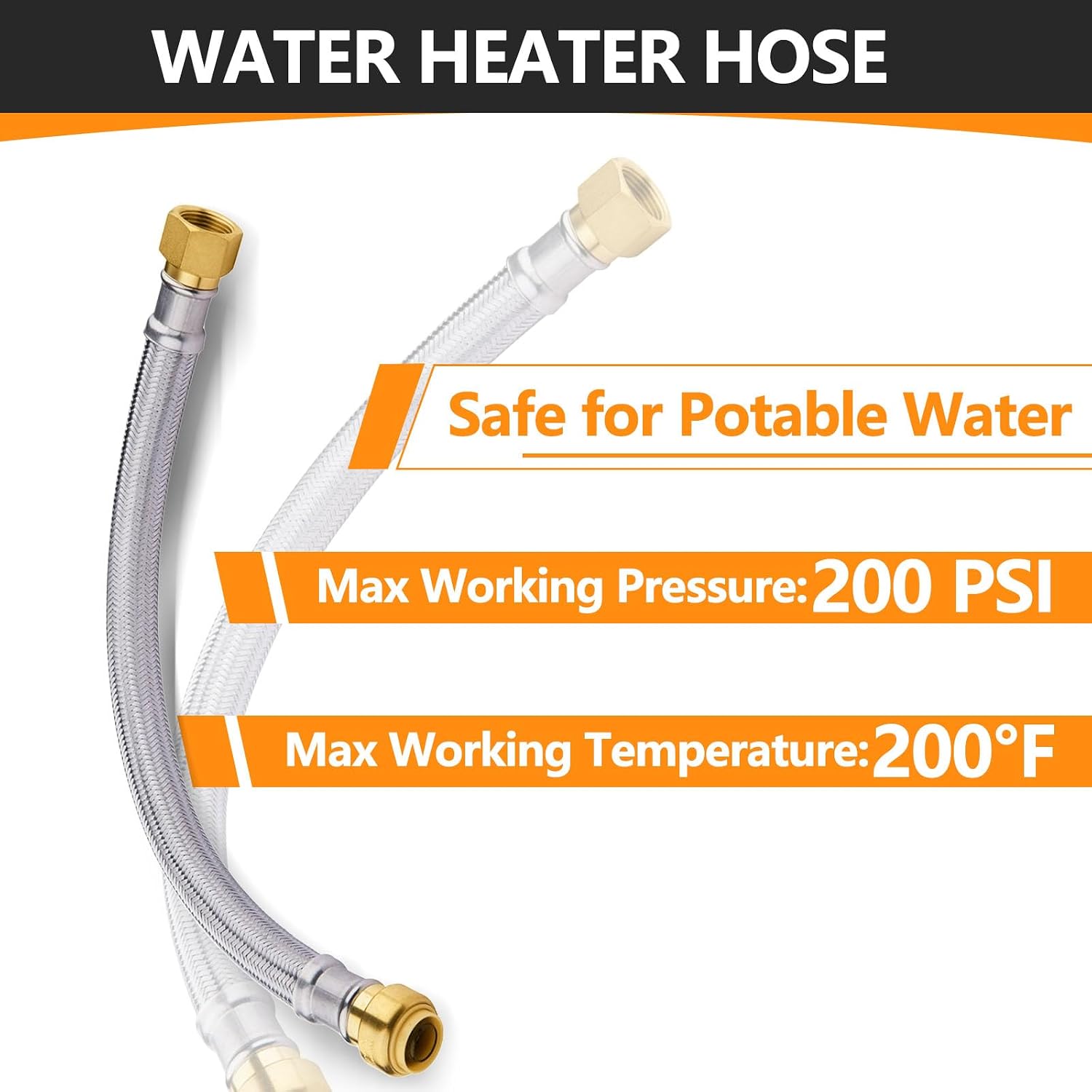 10-Pack HeSun 24-Inch Stainless Steel Water Heater Connector, 1/2' Push-Fit x 3/4' FIP, Push-to-Connect Flexible Heater Hose(HOSE031-10)