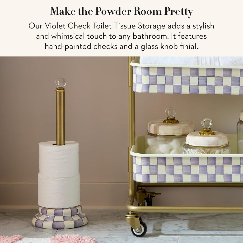 MACKENZIE-CHILDS Enamel Toilet-Tissue Storage, Decorative Toilet-Paper-Holder Stand for Bathroom, Purple-and-White Violet Check
