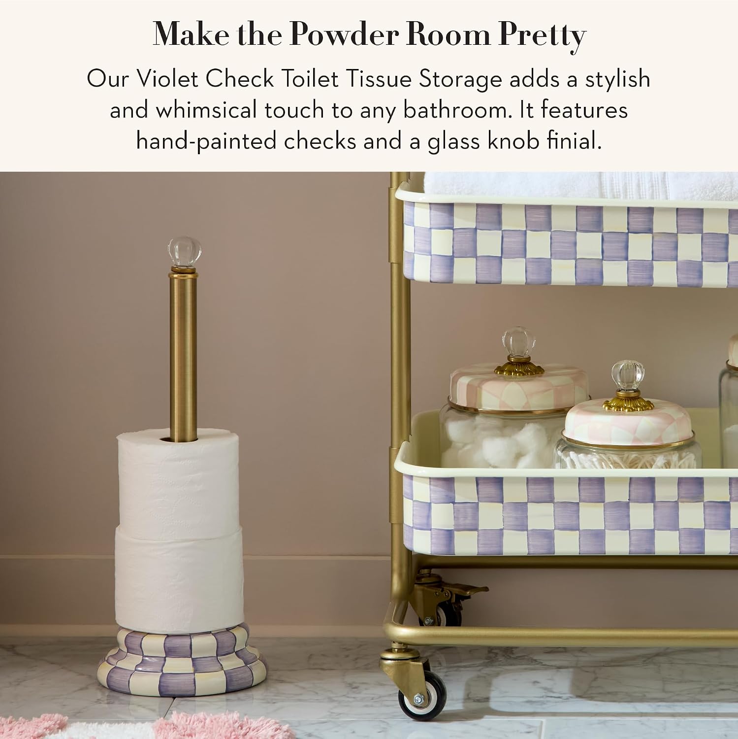 MACKENZIE-CHILDS Enamel Toilet-Tissue Storage, Decorative Toilet-Paper-Holder Stand for Bathroom, Purple-and-White Violet Check