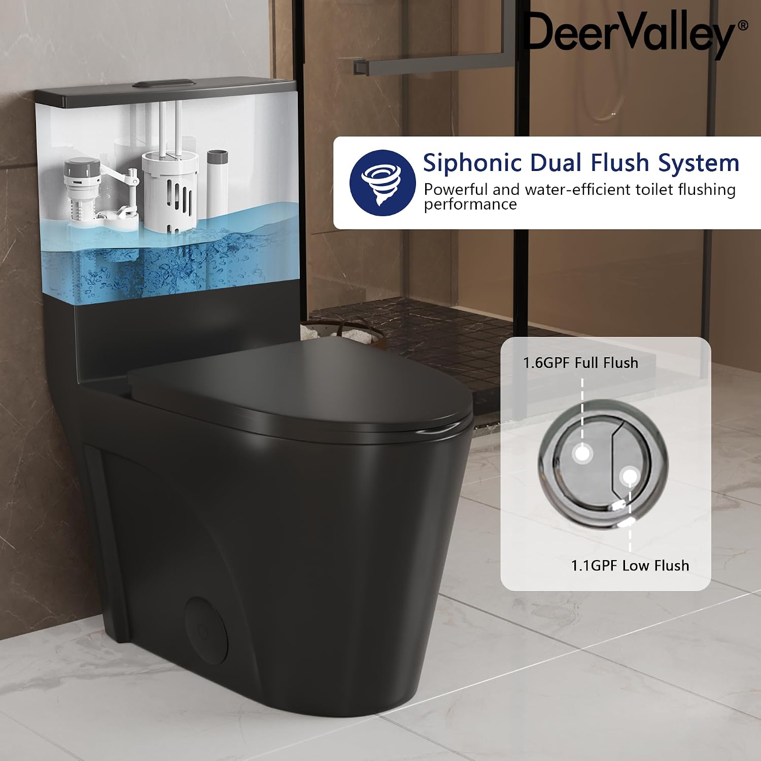 DeerValley Elongated One Piece Toilet with Comfort Height, Dual Flush Toilet with Soft Close Seat, High Efficiency 1.1/1.6 GPF 12'' Rough-In Matte Black Toilet