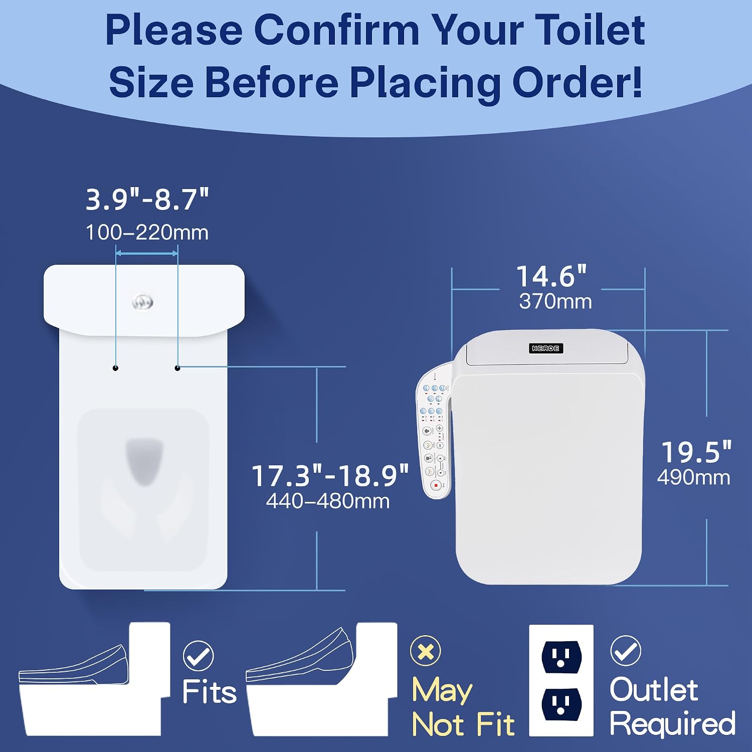 KERDE F30B Square Electric Bidet Toilet Seat - Heated Seat, Warm Water Cleansing, Air Dryer, Adjustable Nozzle, Remote Control, Energy Saving, Easy Installation for Square Toilets