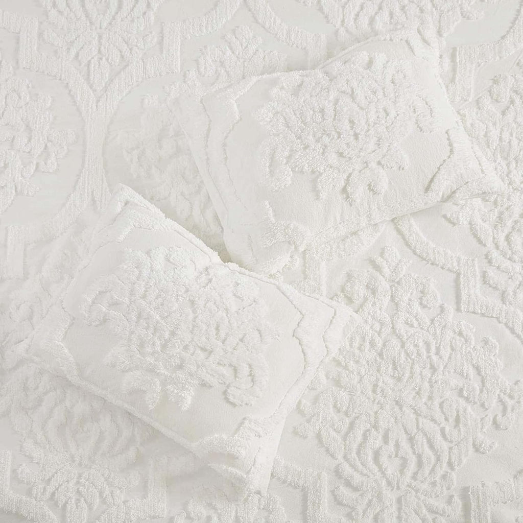 Madison Park Tufted Chenille Cotton Comforter, All Season Bedding Set, Matching Shams, Viola, Damask Off White King/Cal King(104'x92') 3 Piece