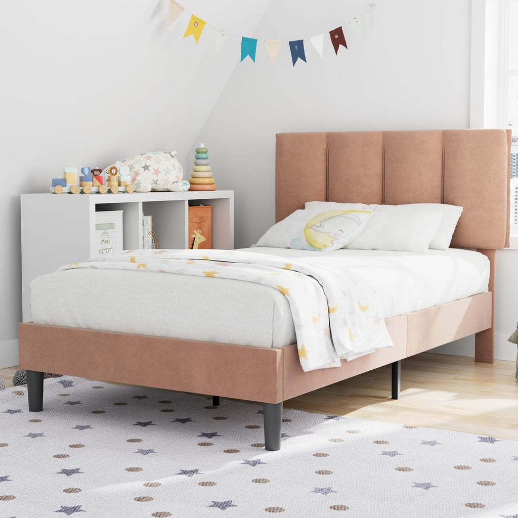 VECELO Twin Size Bed Frame with Upholstered Headboard, Heavy-Duty Bedframe with Wooden Slats & Steel Framework, Easy Assembly, Coffee