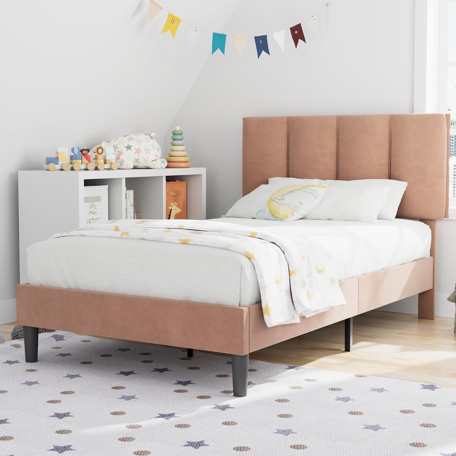 VECELO Twin Size Bed Frame with Upholstered Headboard, Heavy-Duty Bedframe with Wooden Slats & Steel Framework, Easy Assembly, Coffee
