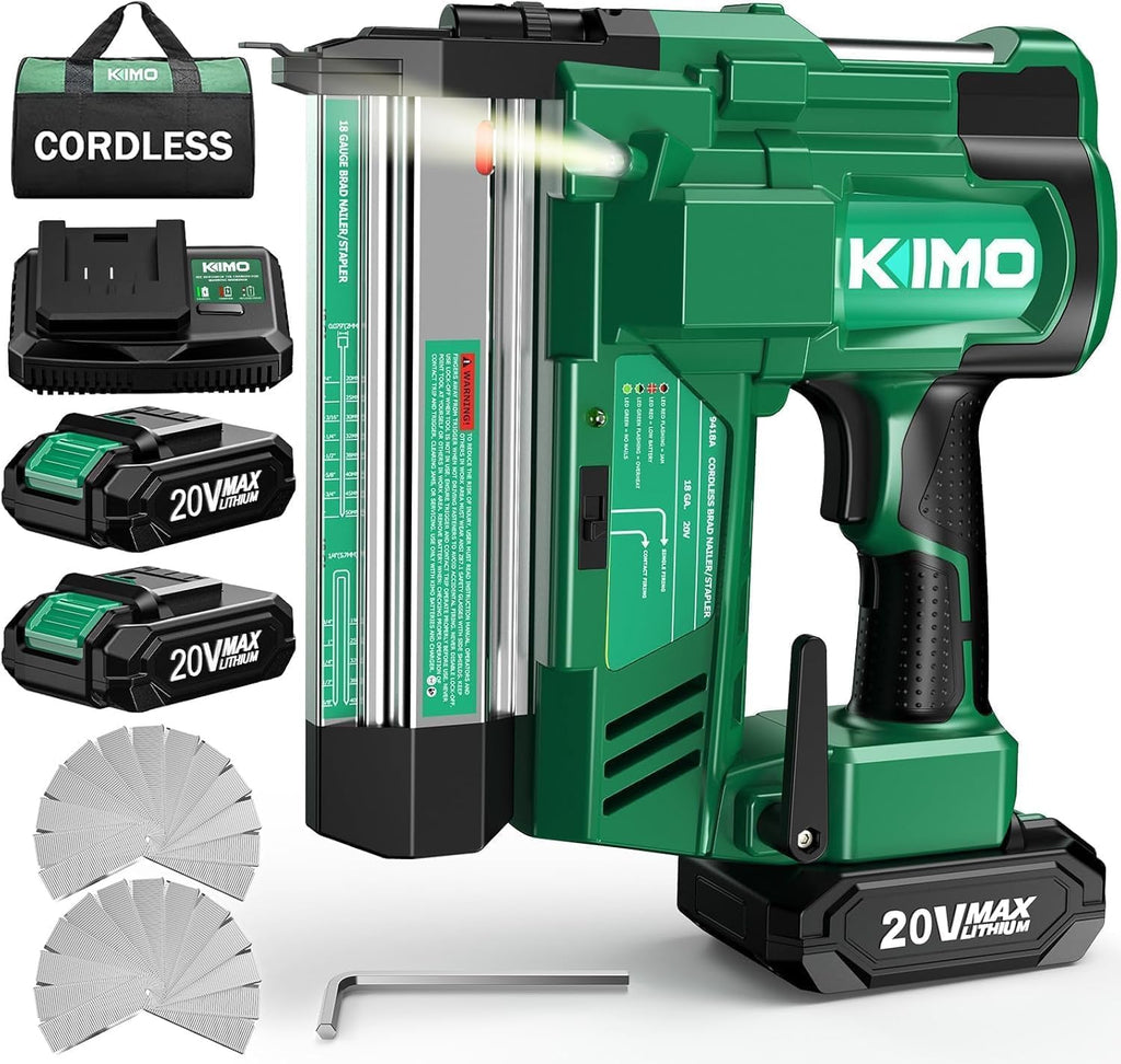 KIMO 2' Brad Nailer Cordless 18 Gauge w/ 20V Battery 2.0Ah X 2, 1000pcs Nails and Staples, 2 Firing Modes,180 Nails/min, Adjustable Nailing Depth, 2 in 1 Cordless Nail Gun and Stapler for DIY Project