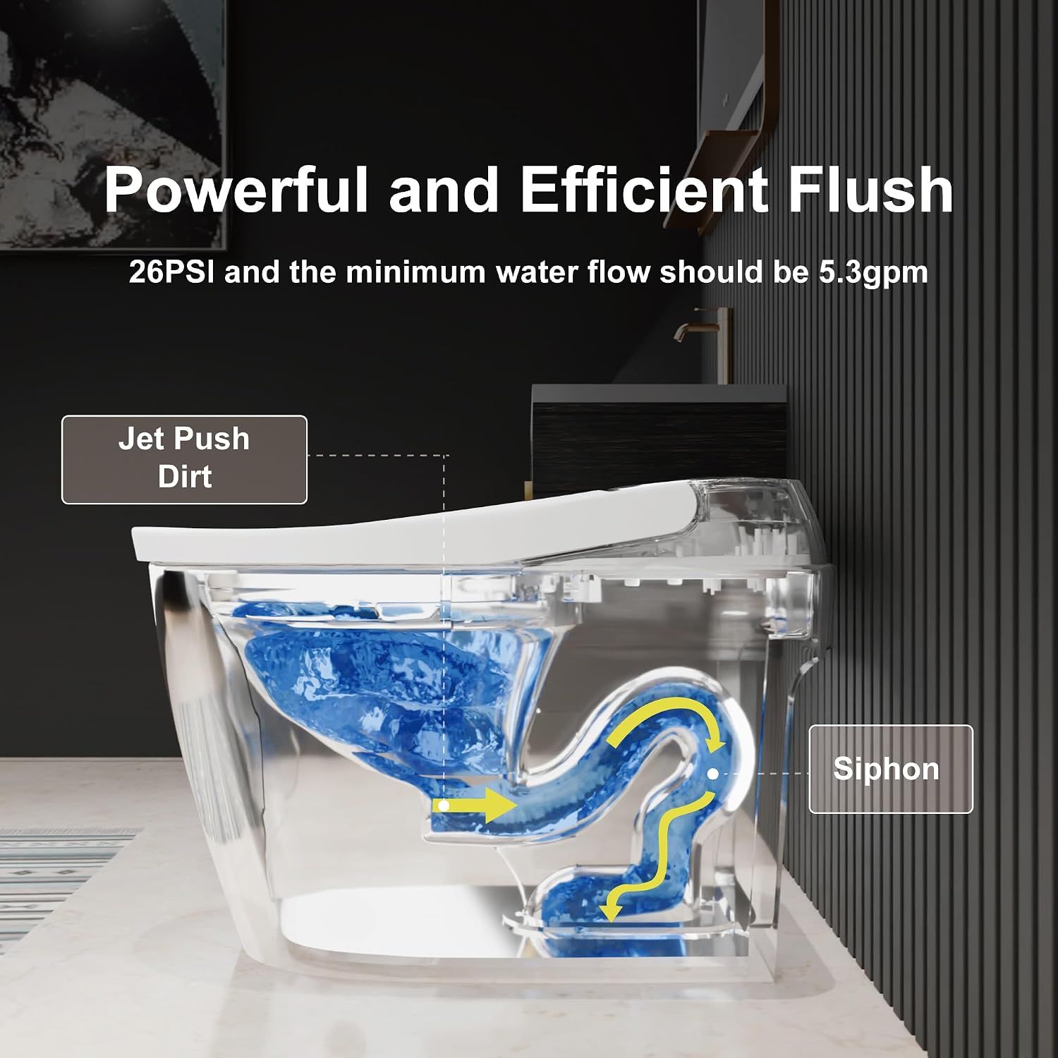 Smart Toilet with Auto Open Close, One Piece Elongated Toilet with Foot Sensor, Comfort Height, Blackout Flush, Auto Flush, Heated Seat, Nightlight for Bathroom