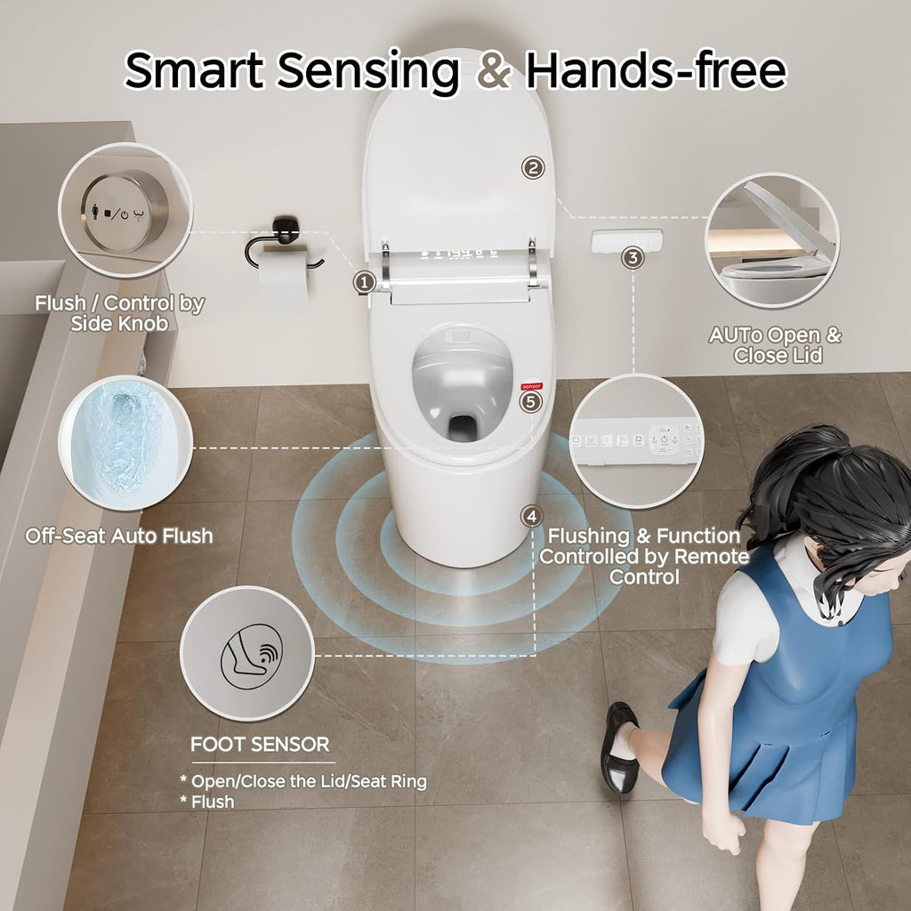 Smart Toilet with Bidet Built In, One Piece Bidet Toilet with 1.28 GPF Auto Dual Flush,Foot Sensor, Modern Elongated Tankless Toilet with Foam Shield,Heated Seat,Warm Water,Air Dry,LED Display