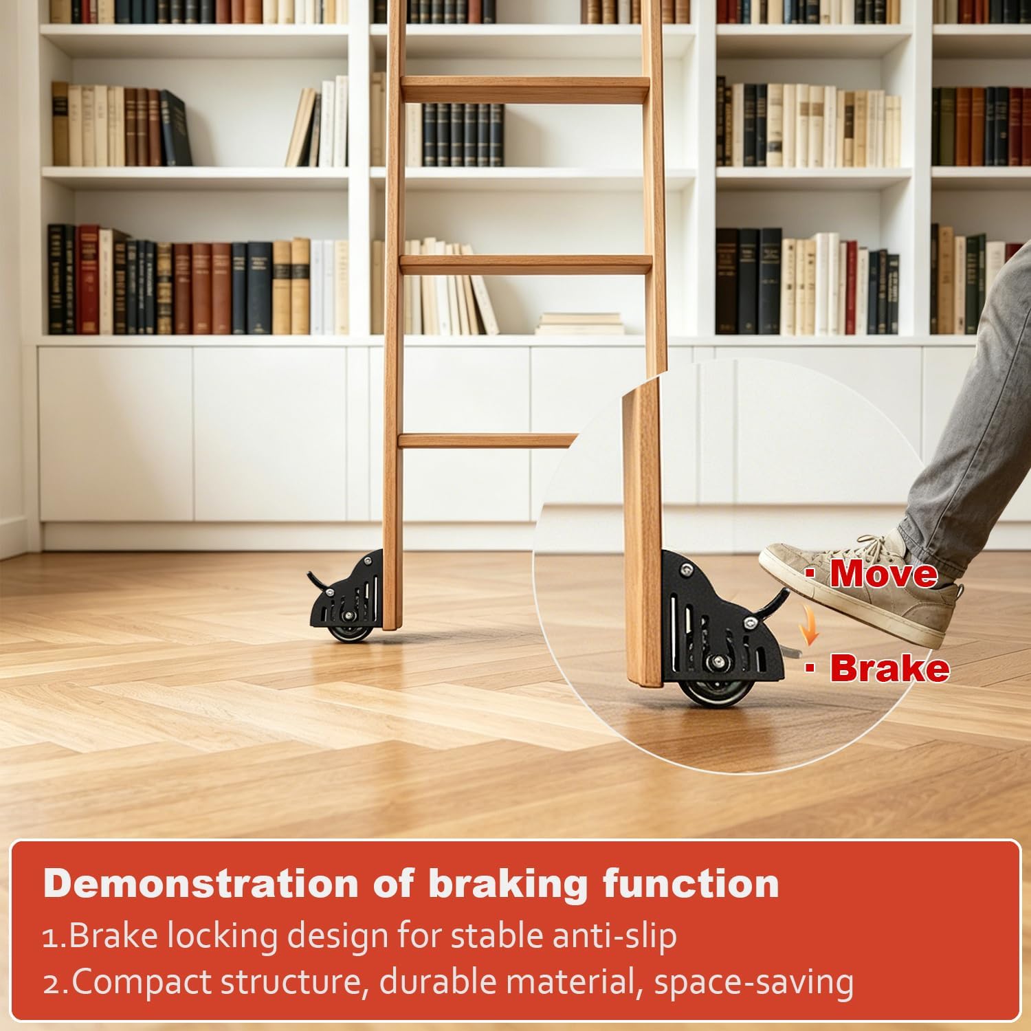 10FT Sliding Library Ladder Hardware Kit,Black Telescopic Top Hook,Bottom Wheel with Brake,MAX Load 300lbs,No Ladder