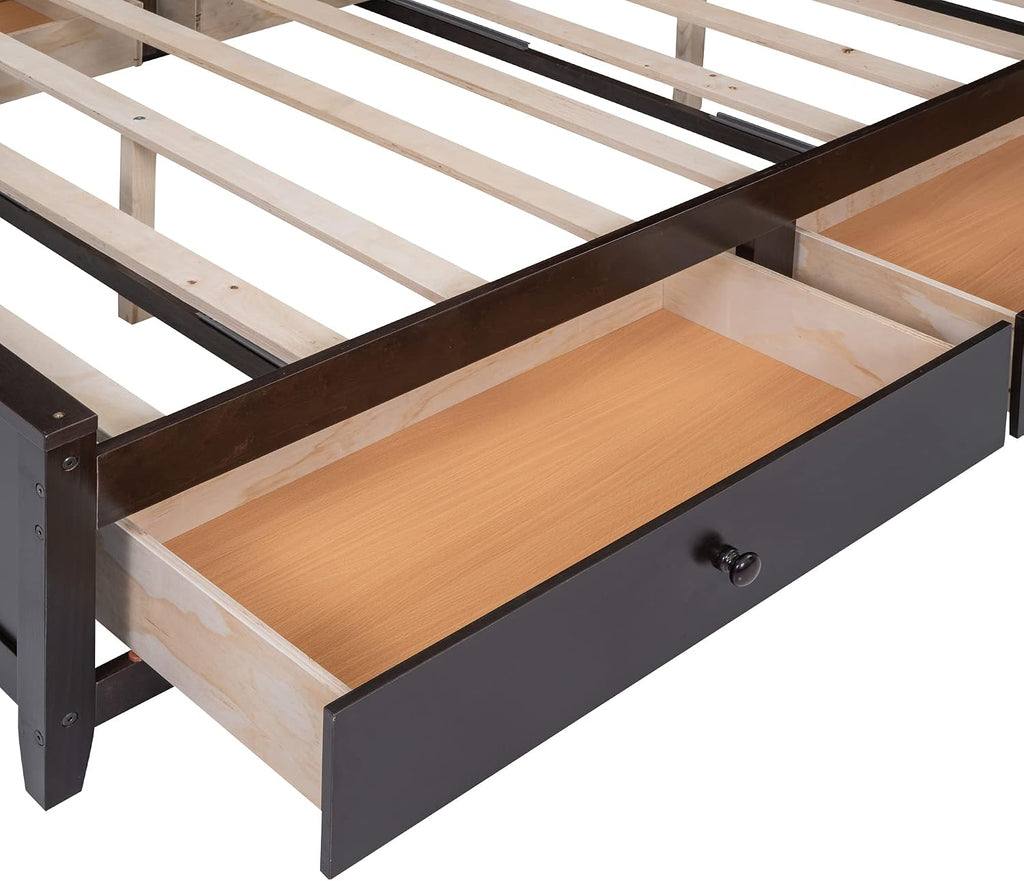 Harper & Bright Designs Full Size Platform Bed Frame with Bookcase Headboard and Drawers, Solid Wood Bed Frame with All-in-One Cabinet and Shelf for Saving Space, Espresso