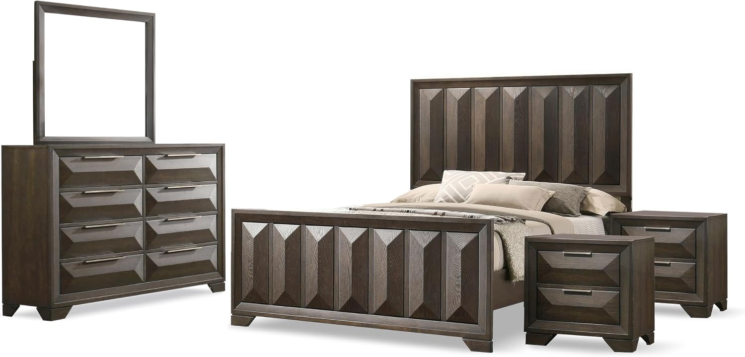 Furniture of America Wanden Solid Wood 5-Piece Bedroom Set, Queen-Size Bed with Vertical Faceted Headboard and Footboard, Beveled Bracketed Feet, Box Spring Needed, Espresso