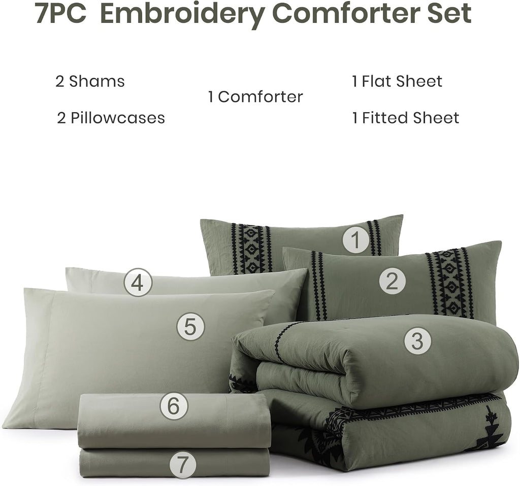 MaiRêve Super King Comforter Set Dark Olive Green, Embroidery Western Boho Bedding Set 7 Pieces, All Season Farmhouse Bed in A Bag Comforter Set with Sheets, Pillowcases & Shams
