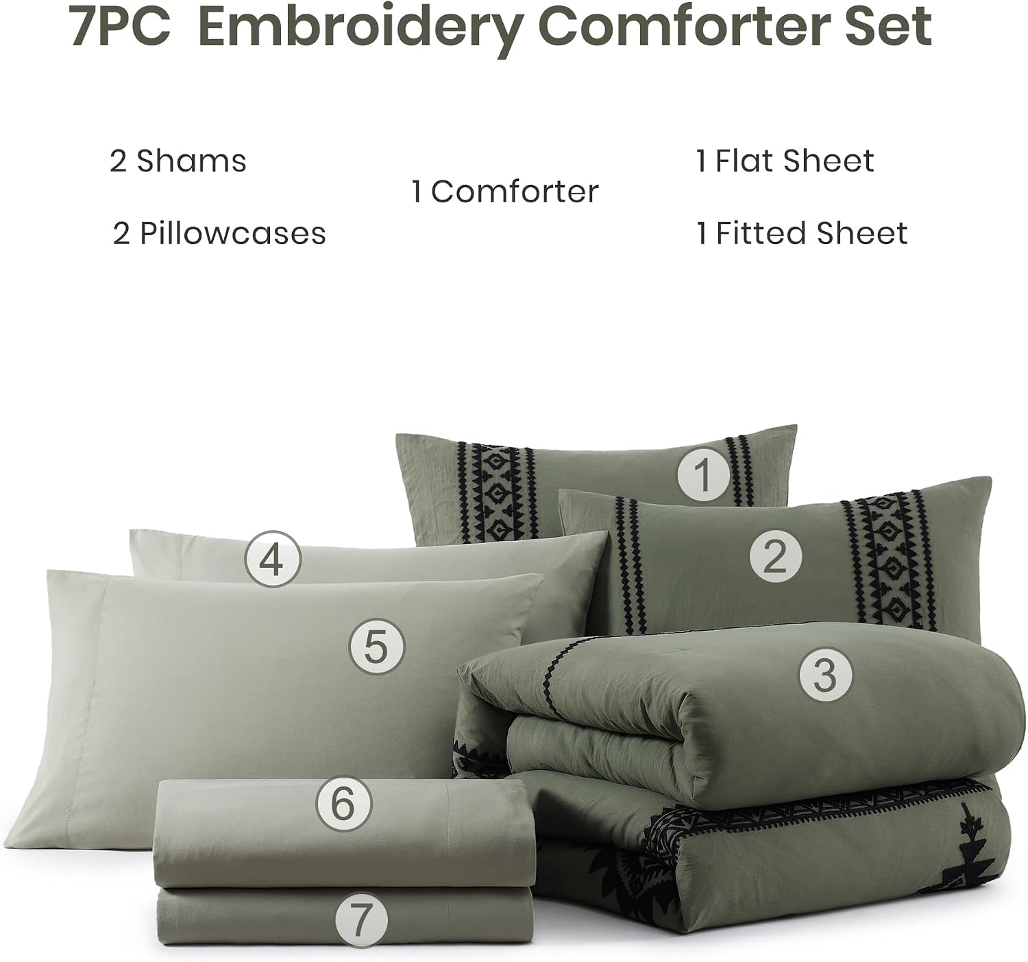 MaiRêve Super King Comforter Set Dark Olive Green, Embroidery Western Boho Bedding Set 7 Pieces, All Season Farmhouse Bed in A Bag Comforter Set with Sheets, Pillowcases & Shams