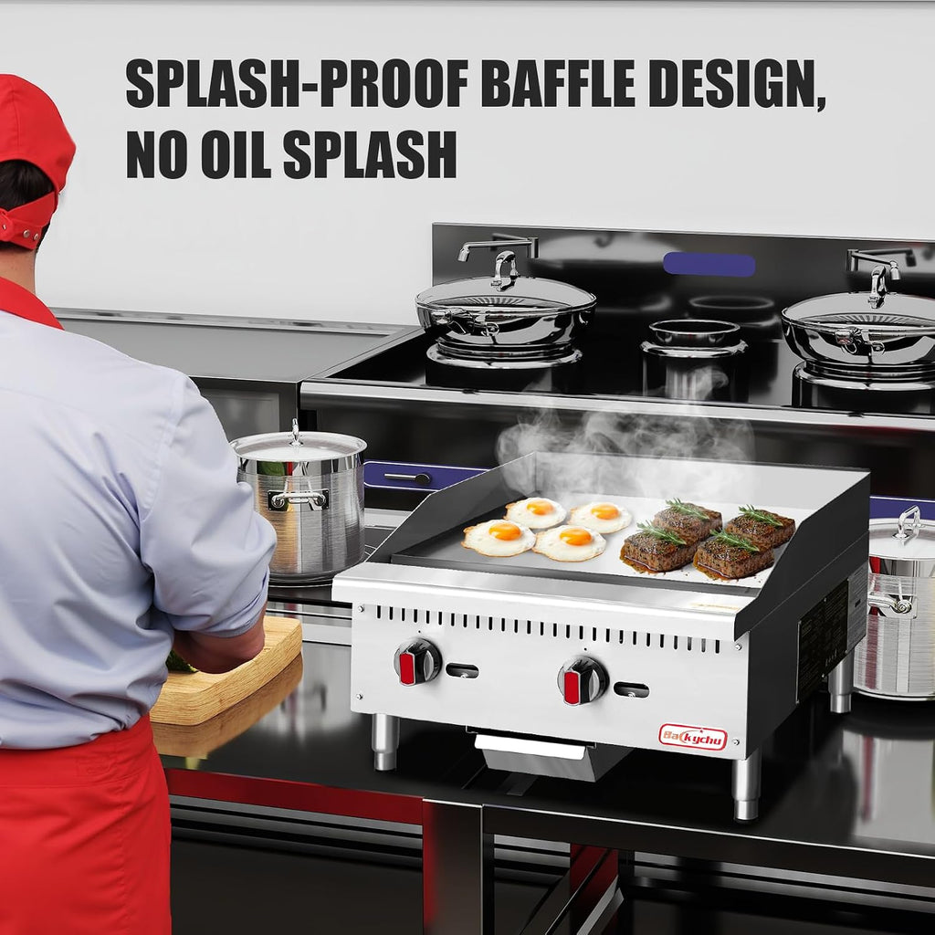 Commercial Gas Griddle - 24' Countertop Griddle. 60,000 BTU Flat Top Griddle, Natural Gas (NG) / Propane, CSA Certified