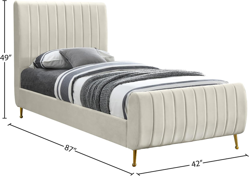 Meridian Furniture Zara Collection Modern | Contemporary Velvet Upholstered Bed with Deep Channel Tufting and Custom Gold Legs, Twin, Cream