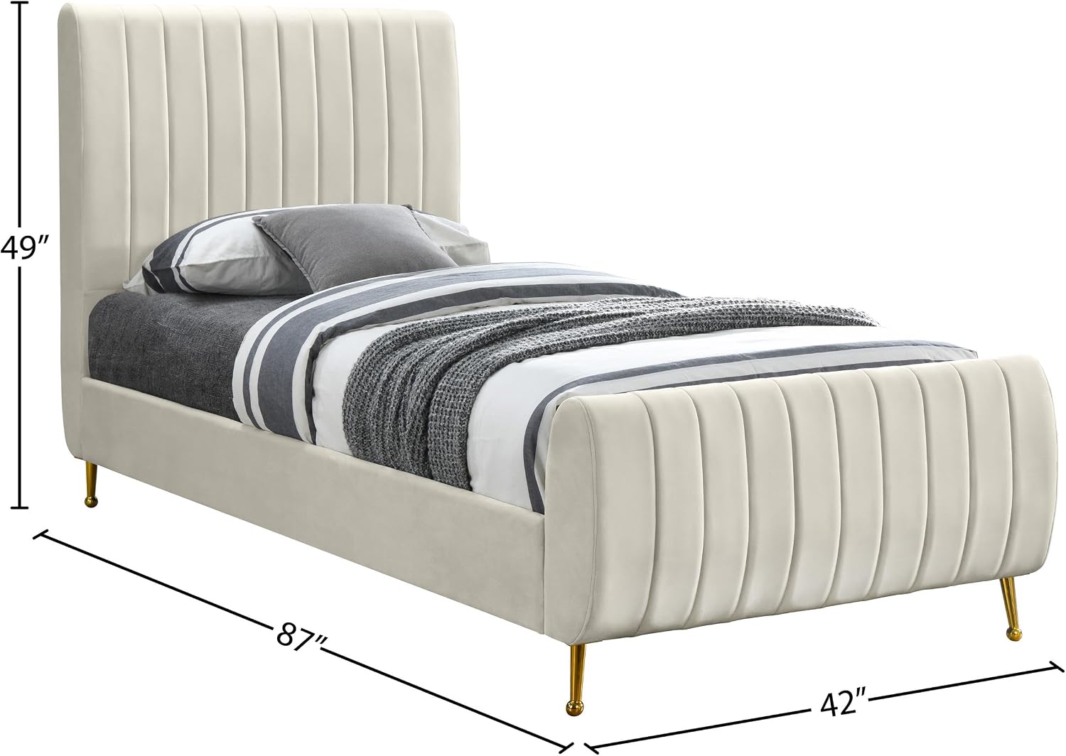 Meridian Furniture Zara Collection Modern | Contemporary Velvet Upholstered Bed with Deep Channel Tufting and Custom Gold Legs, Twin, Cream