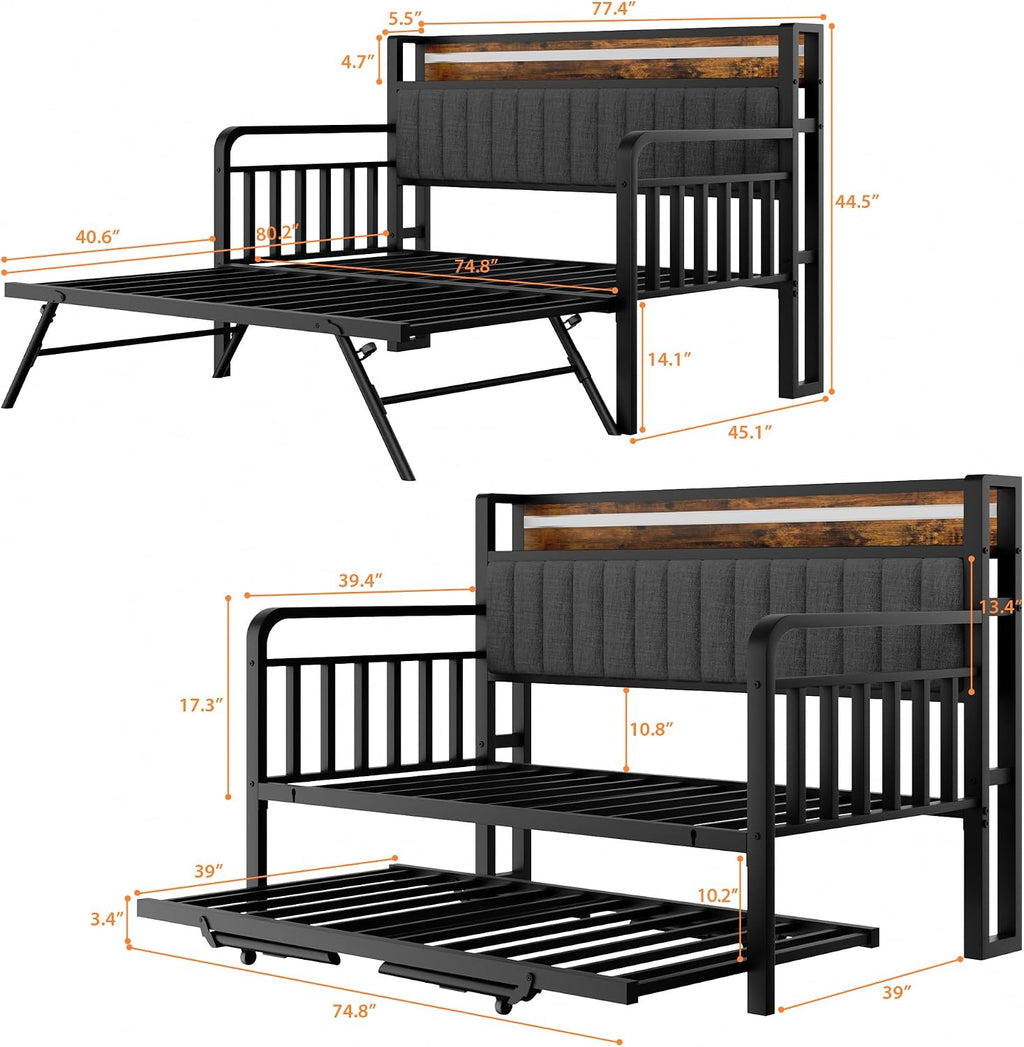 Daybed with Trundle and LED Light, Heavy Duty Metal Twin Bed Frame with Upholstered Storage Headboard & Charging Station, Day Bed Pop Up Trundle Bed Twin for Living Room,Bedroom and Guest Room, Brown