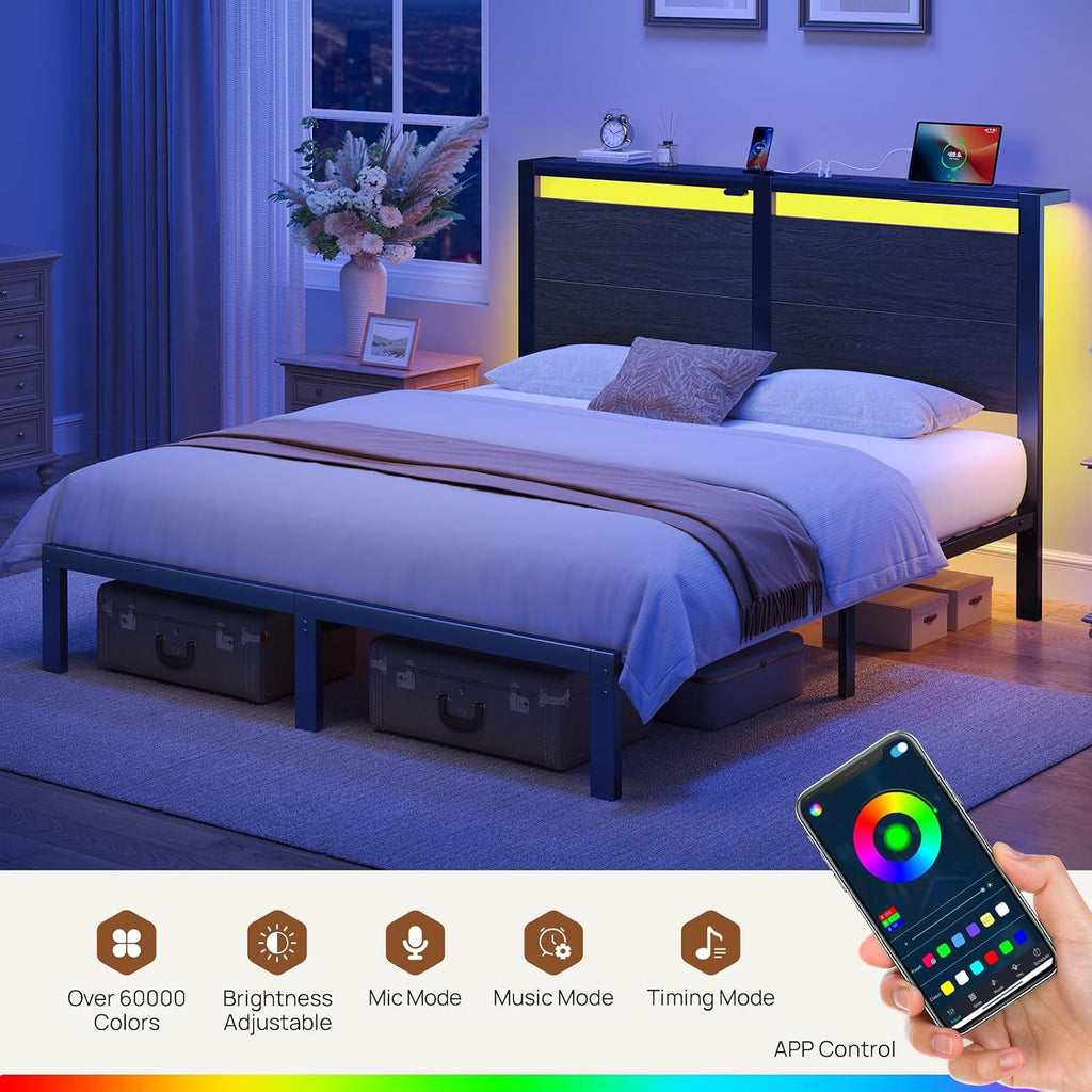 Rolanstar Full Bed Frame with Headboard, Bed Frame Full with LED Lights, Camas Full Size Bed with Charging Station, Solid Metal Slats, Noise Free, No Box Spring Needed, Black