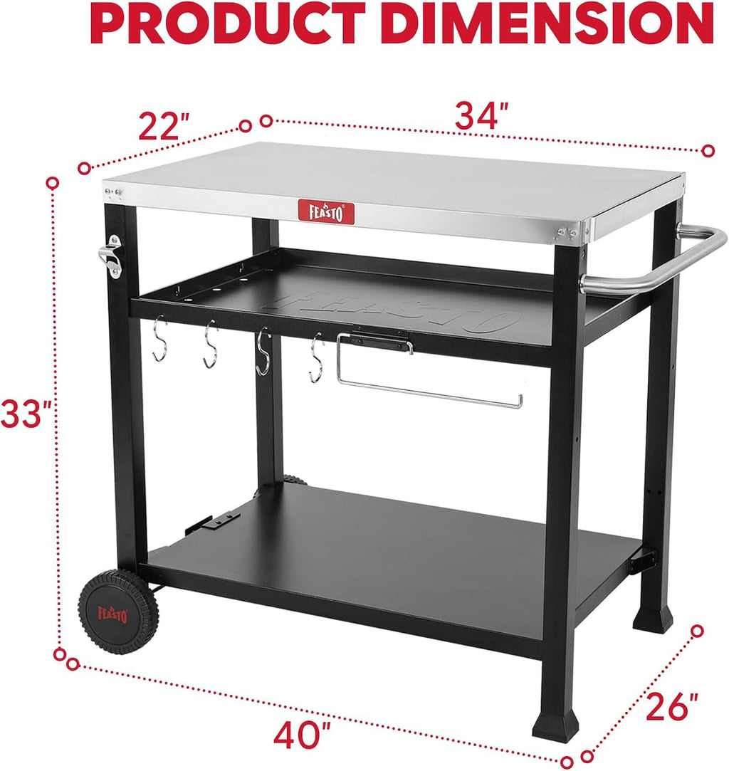 Feasto 3-Shelf Pizza Oven Table with 33.5' x 21.7' Stainless Tabletop, Outdoor Grill Cart with Tank Hook for Pizza Ovens & Griddles, Heavy-Duty Prep Station for Patio BBQ and Deck Parties, Black