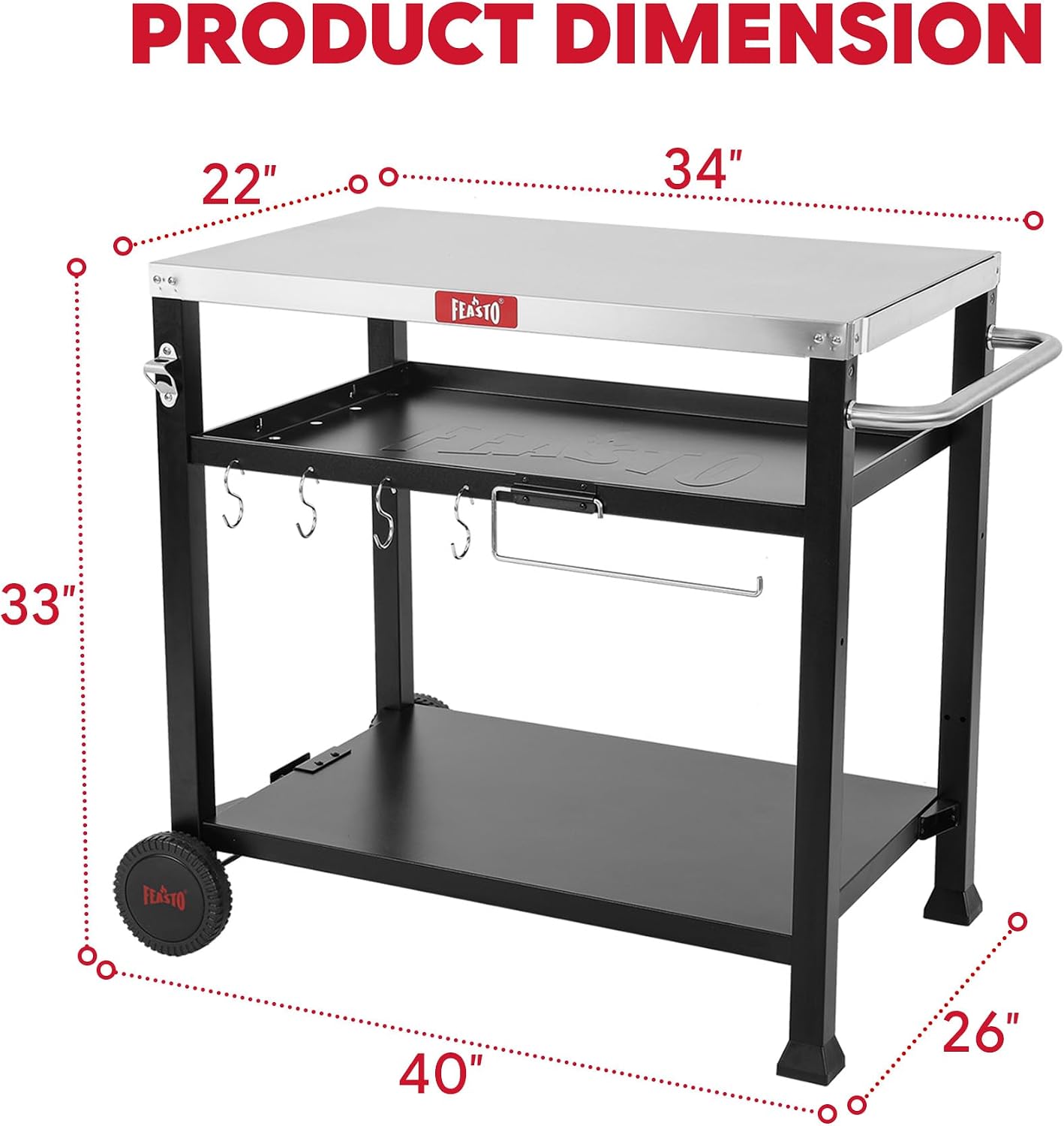 Feasto 3-Shelf Pizza Oven Table with 33.5' x 21.7' Stainless Tabletop, Outdoor Grill Cart with Tank Hook for Pizza Ovens & Griddles, Heavy-Duty Prep Station for Patio BBQ and Deck Parties, Black
