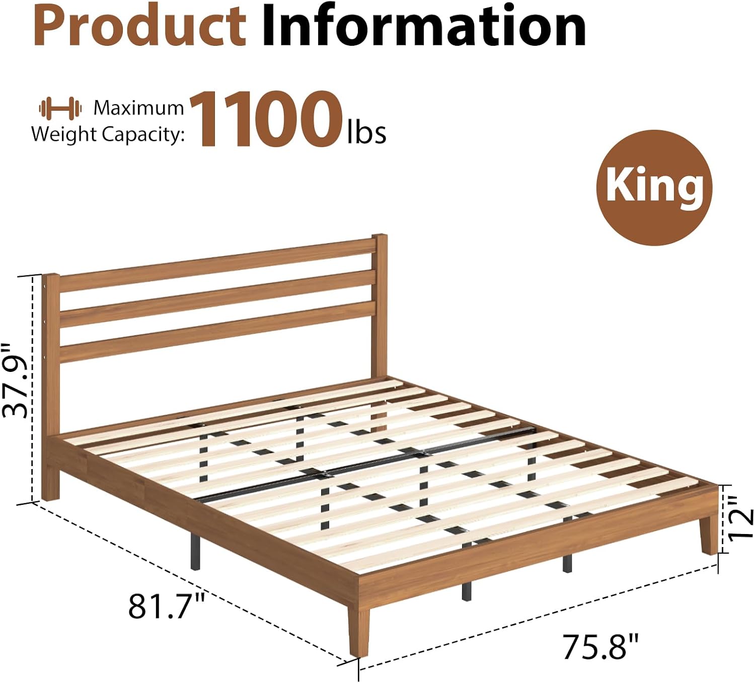 Sweetcrispy Solid Wood Bed Frame - Queen Size Mattress Foundation with Headboard, No Box Spring Needed with 1100LBS Sturdy Wooden Slats Support, Noise Free, Easy Assembly